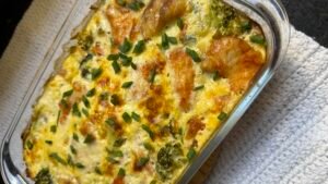 Suflê de legumes com pirarucu